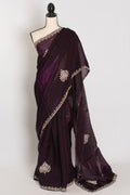 Rini: Deep Purple Glass Tissue Saree with Cut Dana Work | Partywear