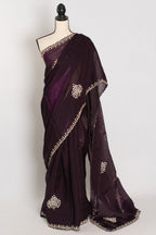 Rini: Deep Purple Glass Tissue Saree with Cut Dana Work | Partywear