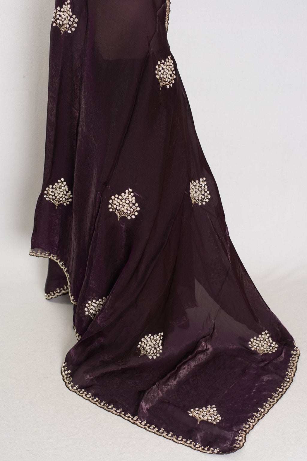 Rini: Deep Purple Glass Tissue Saree with Cut Dana Work | Partywear