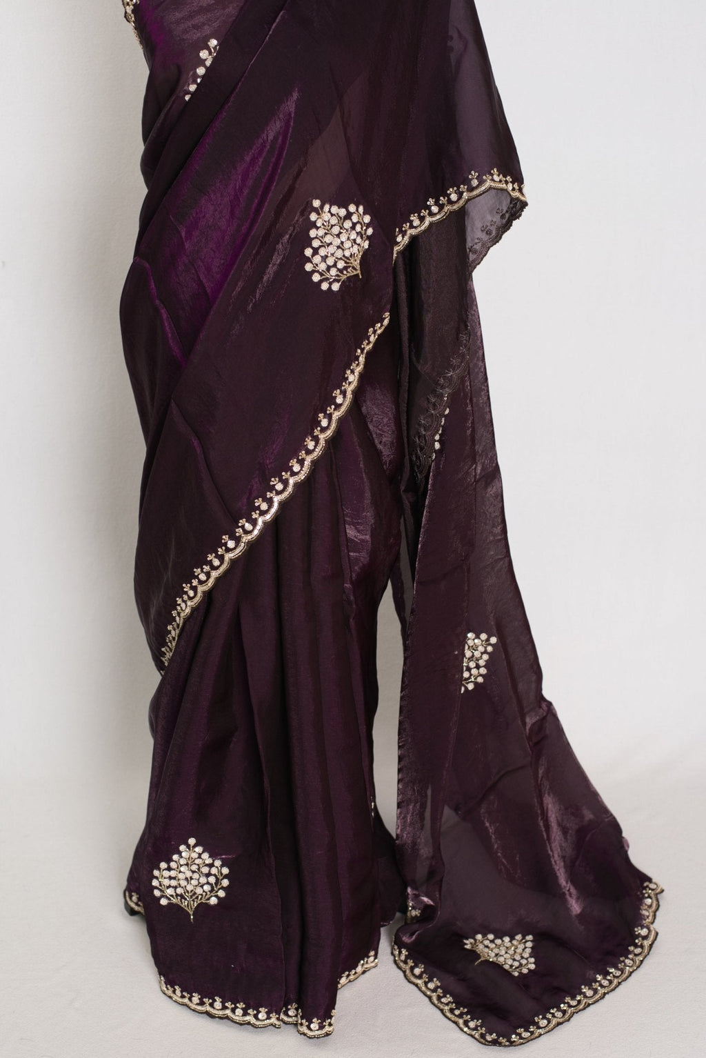 Rini: Deep Purple Glass Tissue Saree with Cut Dana Work | Partywear