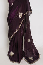 Rini: Deep Purple Glass Tissue Saree with Cut Dana Work | Partywear