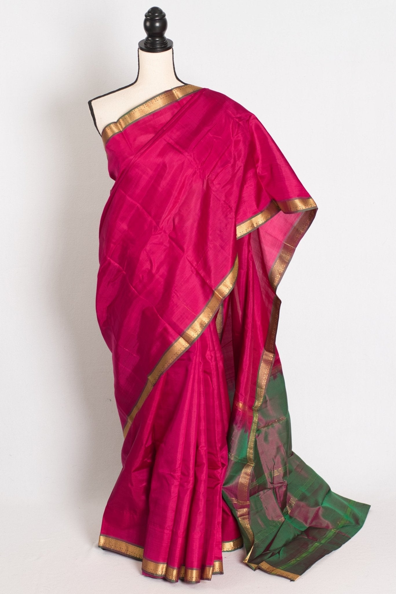 Rita : Rani Pink and Green Kanjivaram Silk Saree with Small Golden Border