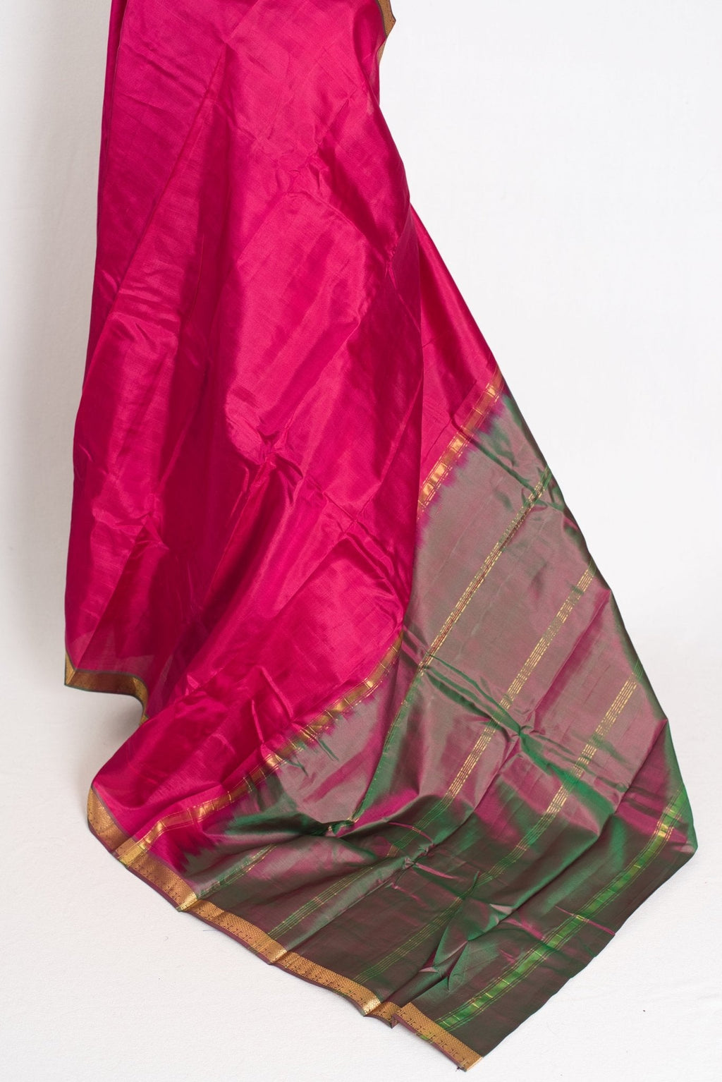 Rita : Rani Pink and Green Kanjivaram Silk Saree with Small Golden Border