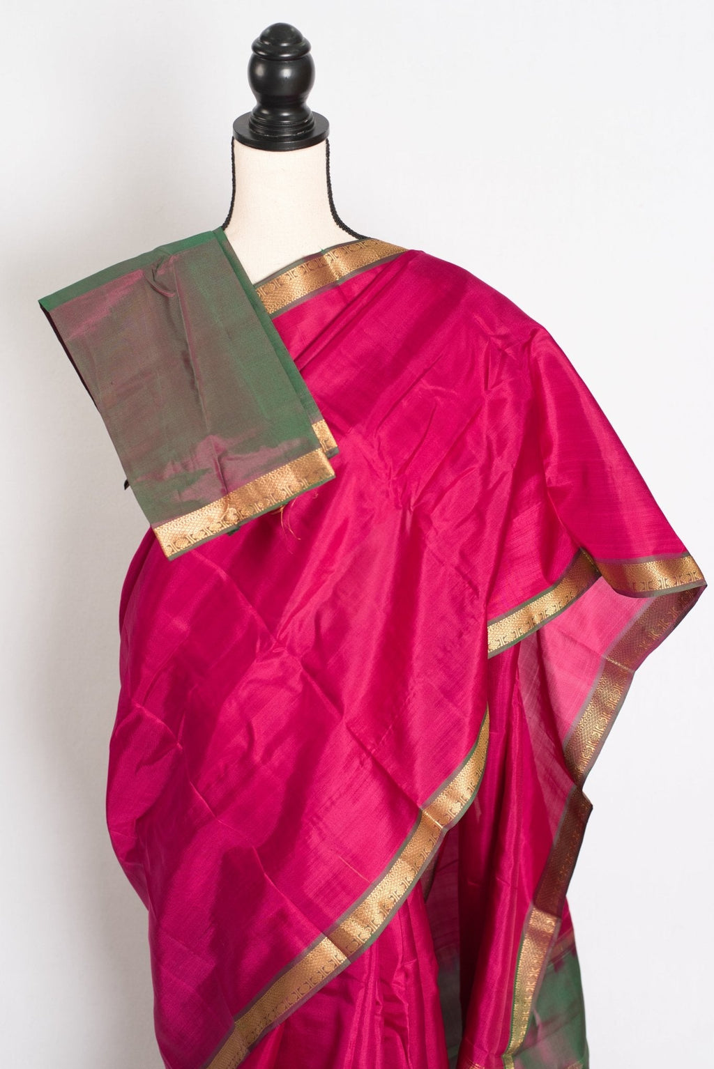 Rita : Rani Pink and Green Kanjivaram Silk Saree with Small Golden Border