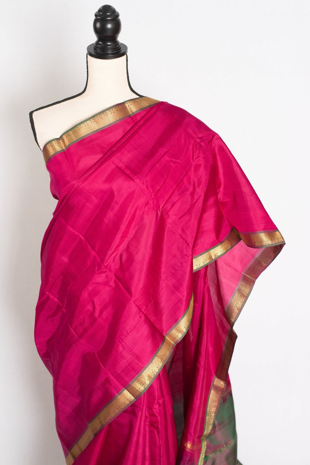 Rita : Rani Pink and Green Kanjivaram Silk Saree with Small Golden Border