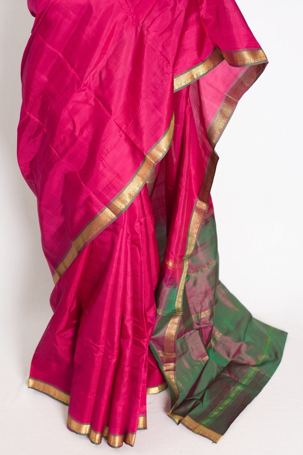 Rita : Rani Pink and Green Kanjivaram Silk Saree with Small Golden Border