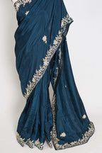 Samaira : Hand Zardosi Embroidery Blue Satin Silk Partywear Saree