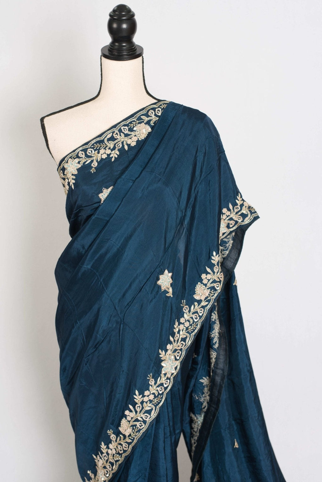 Samaira : Hand Zardosi Embroidery Blue Satin Silk Partywear Saree