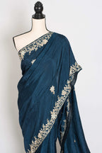 Samaira : Hand Zardosi Embroidery Blue Satin Silk Partywear Saree