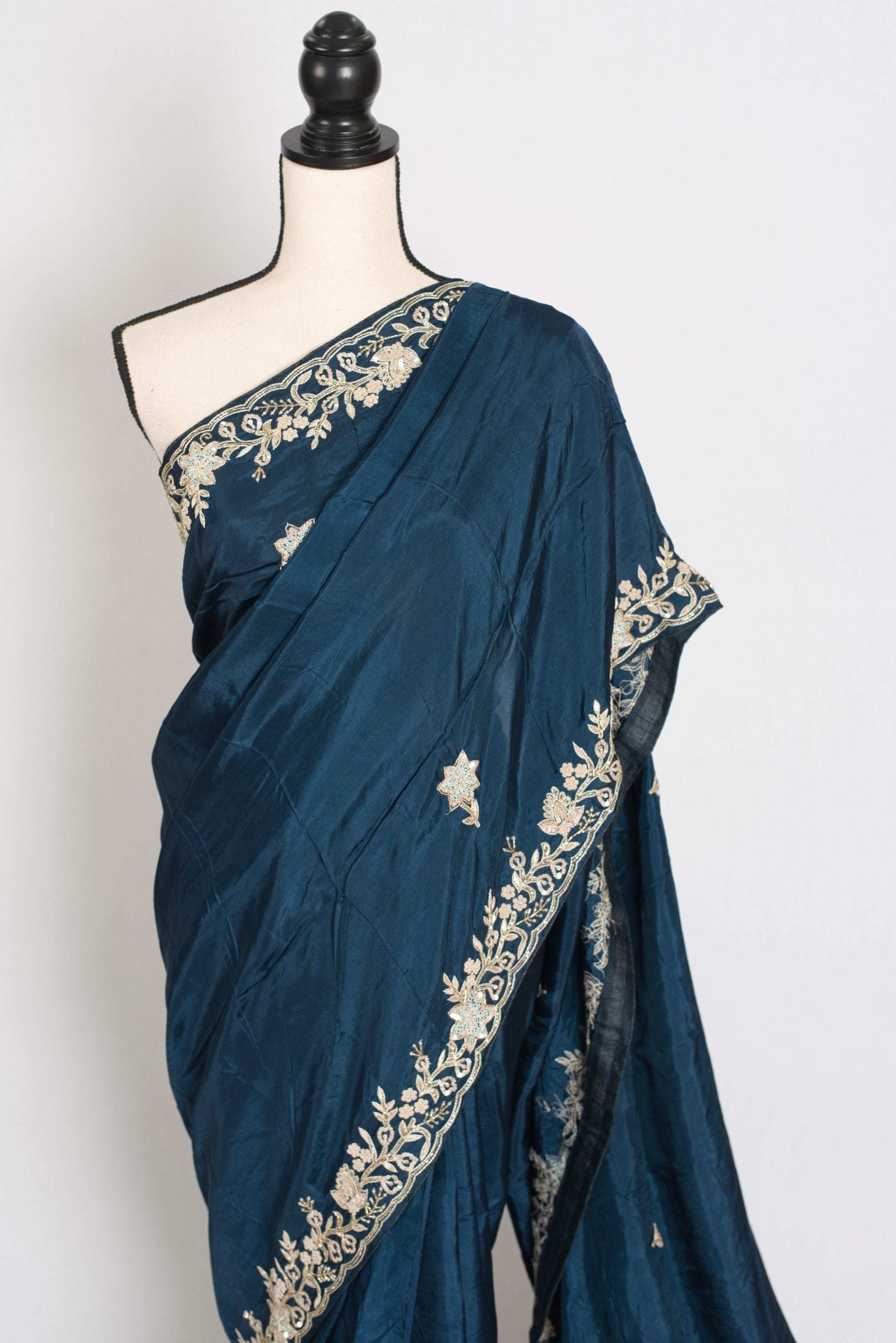 Samaira : Hand Zardosi Embroidery Blue Satin Silk Partywear Saree