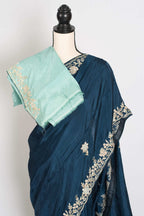 Samaira : Hand Zardosi Embroidery Blue Satin Silk Partywear Saree