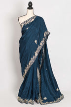 Samaira : Hand Zardosi Embroidery Blue Satin Silk Partywear Saree