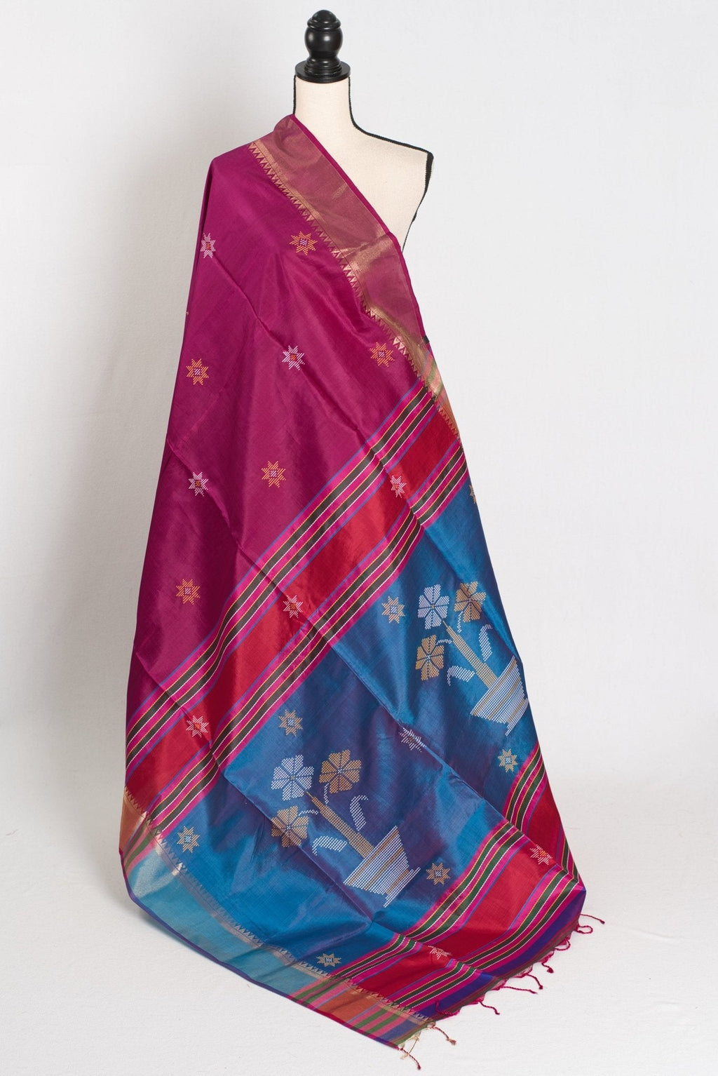 Sandhya : Lightweight Bishnupur Katan Silk Saree in Purple and Blue