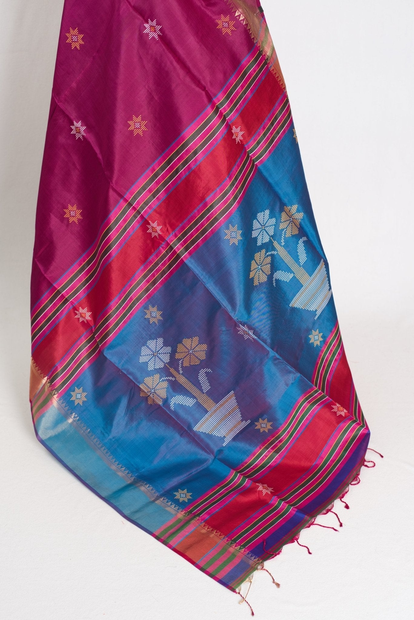 Sandhya : Lightweight Bishnupur Katan Silk Saree in Purple and Blue