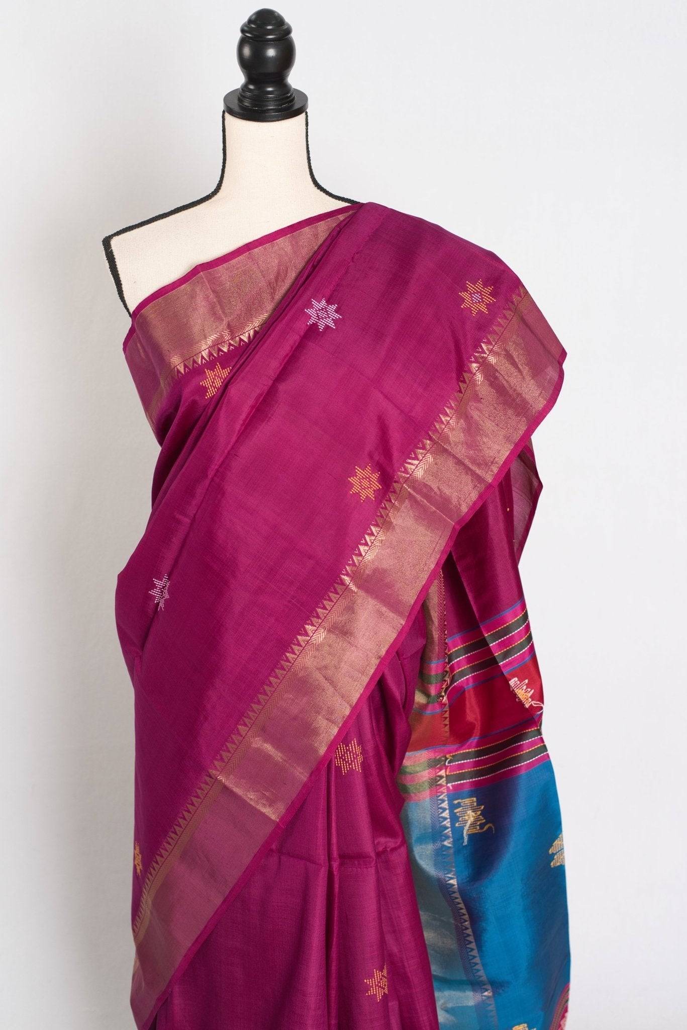 Sandhya : Lightweight Bishnupur Katan Silk Saree in Purple and Blue