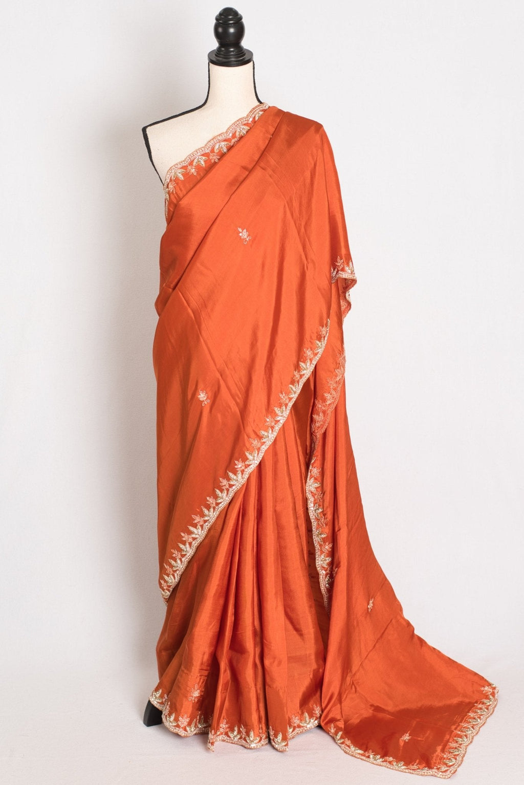 Sargam : Orange Hand Embroidery Zardosi Crepe Silk Partywear Saree