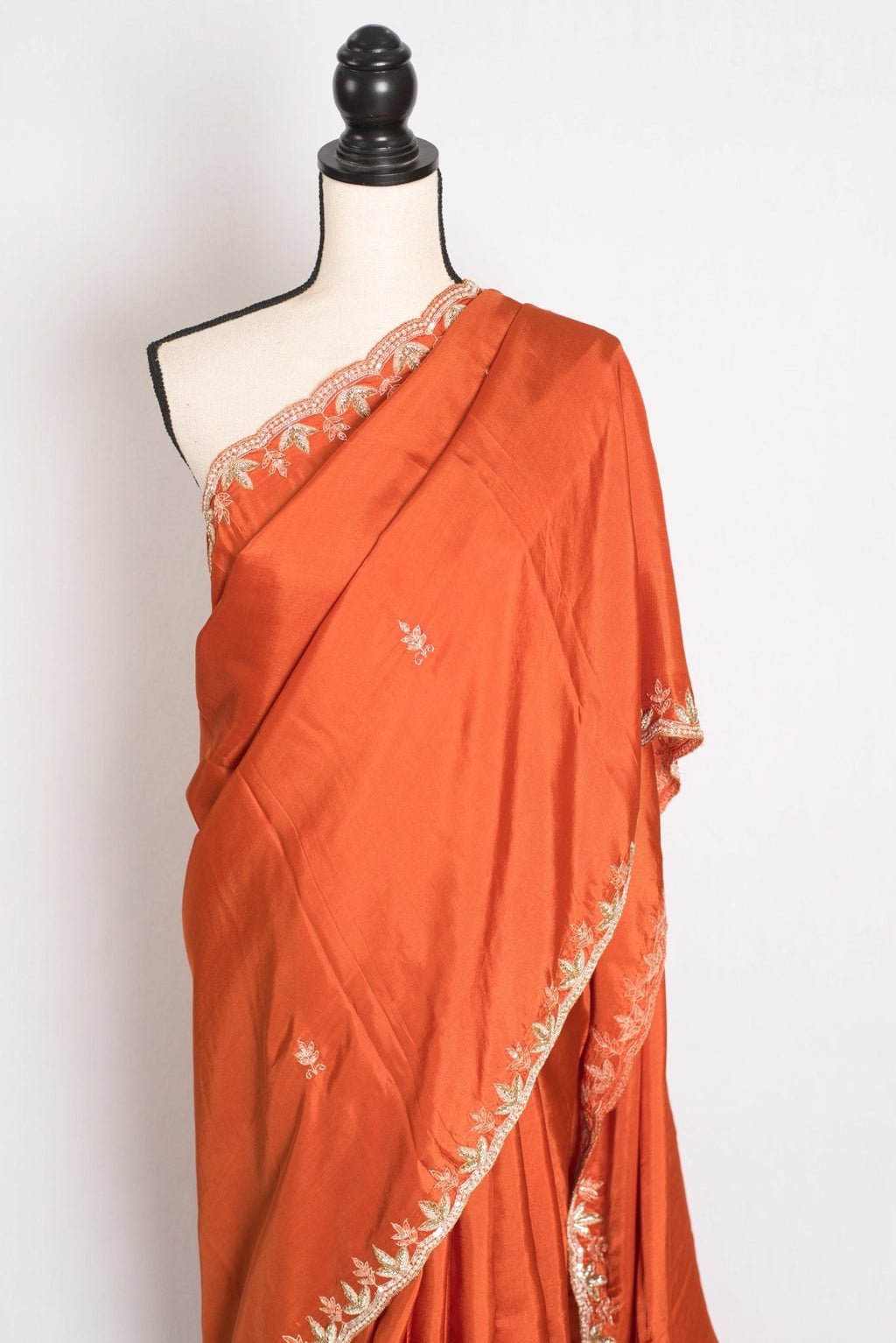 Sargam : Orange Hand Embroidery Zardosi Crepe Silk Partywear Saree