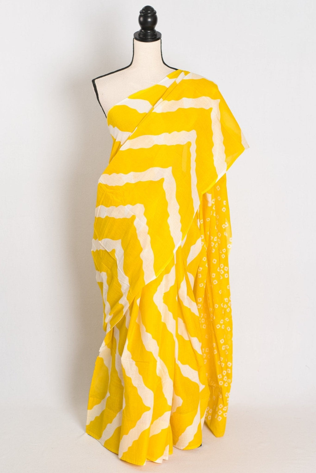 Shalini: Bright Yellow & White Contemporary Bengal Soft Mulmul Cotton Saree