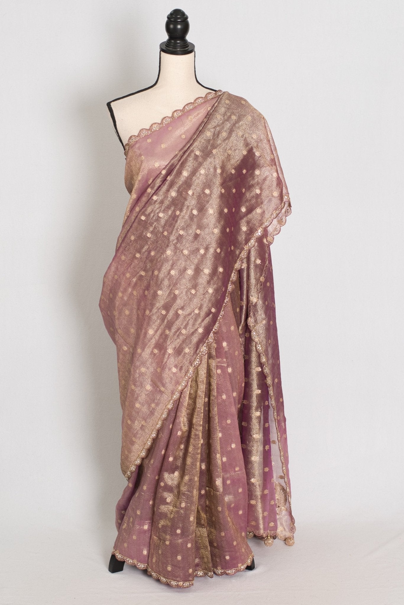 Shobha: Mauve Soft Tissue Saree with Hand Zardosi Embroidery | Partywear