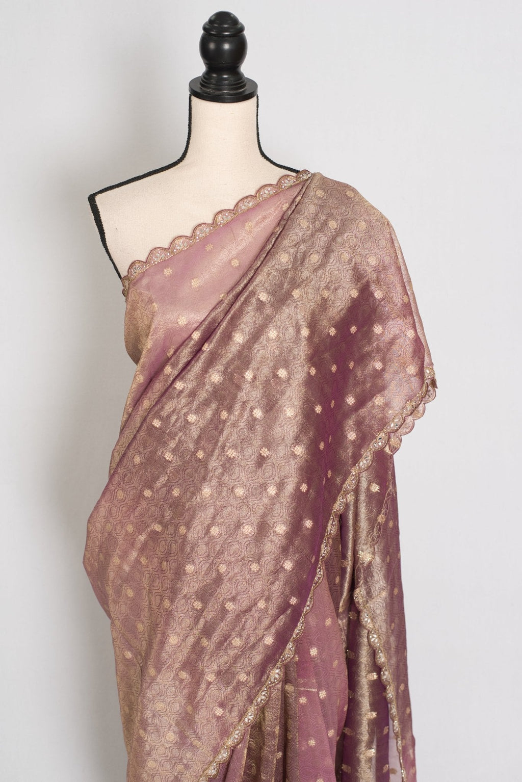 Shobha: Mauve Soft Tissue Saree with Hand Zardosi Embroidery | Partywear
