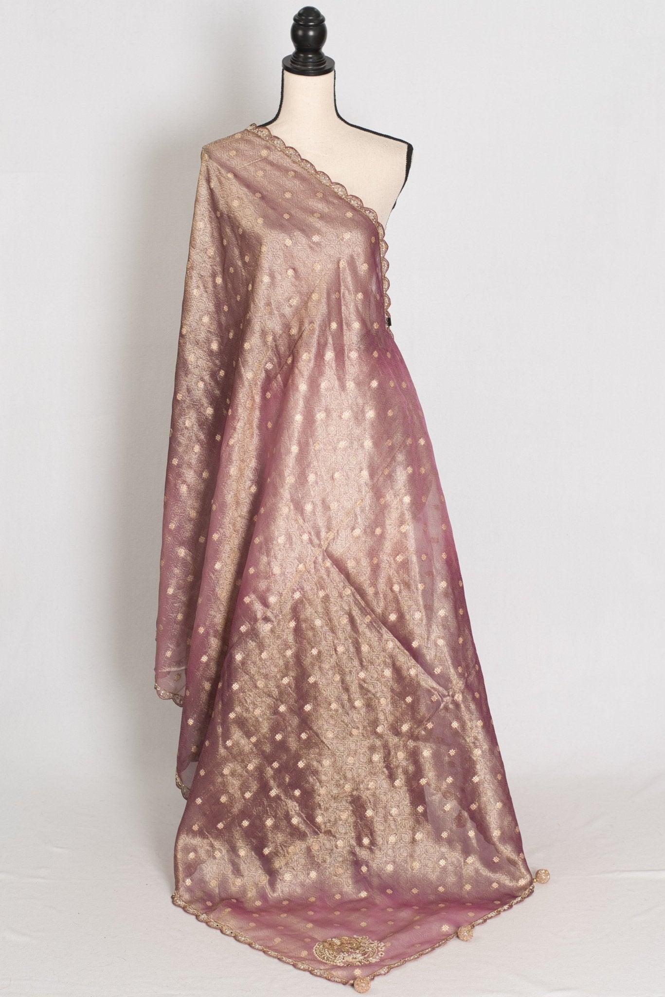 Shobha: Mauve Soft Tissue Saree with Hand Zardosi Embroidery | Partywear