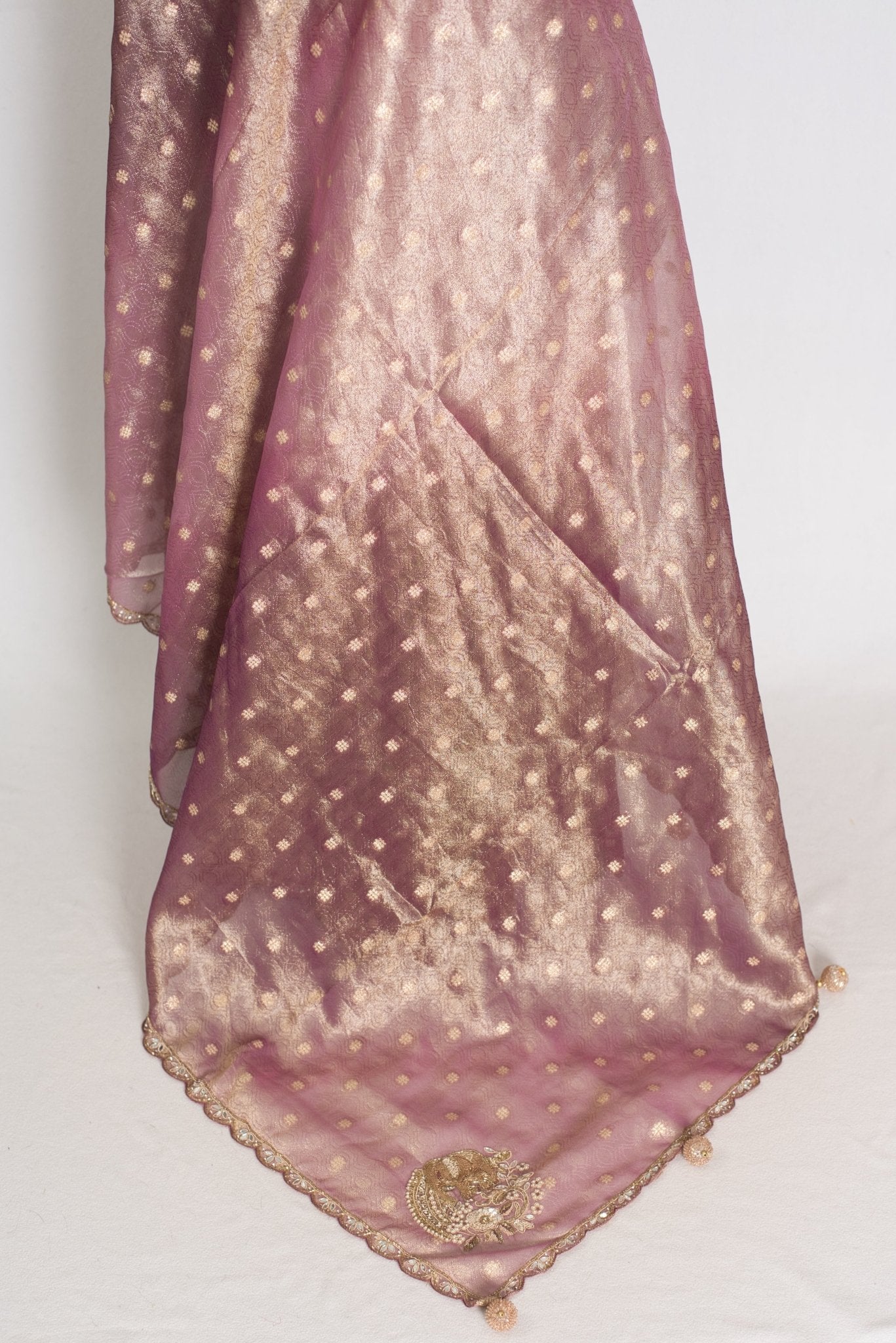 Shobha: Mauve Soft Tissue Saree with Hand Zardosi Embroidery | Partywear