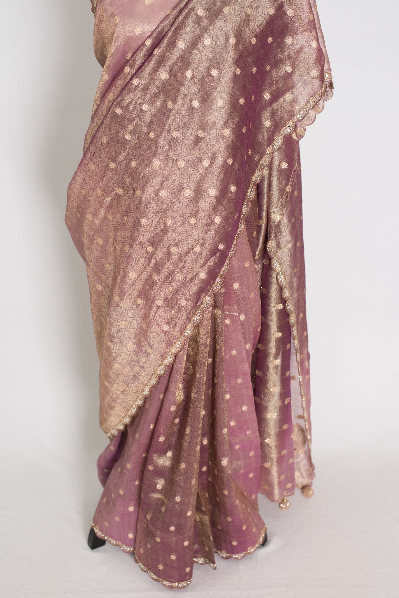 Shobha: Mauve Soft Tissue Saree with Hand Zardosi Embroidery | Partywear