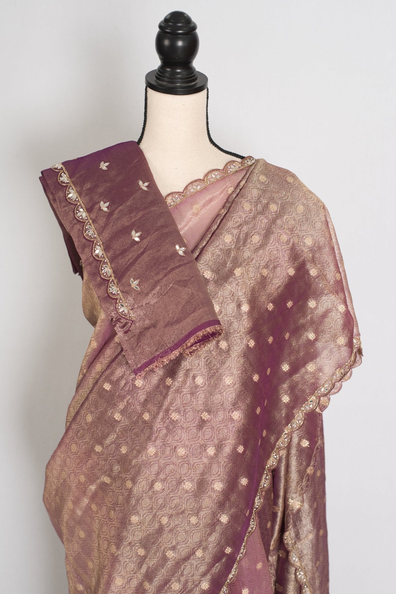 Shobha: Mauve Soft Tissue Saree with Hand Zardosi Embroidery | Partywear