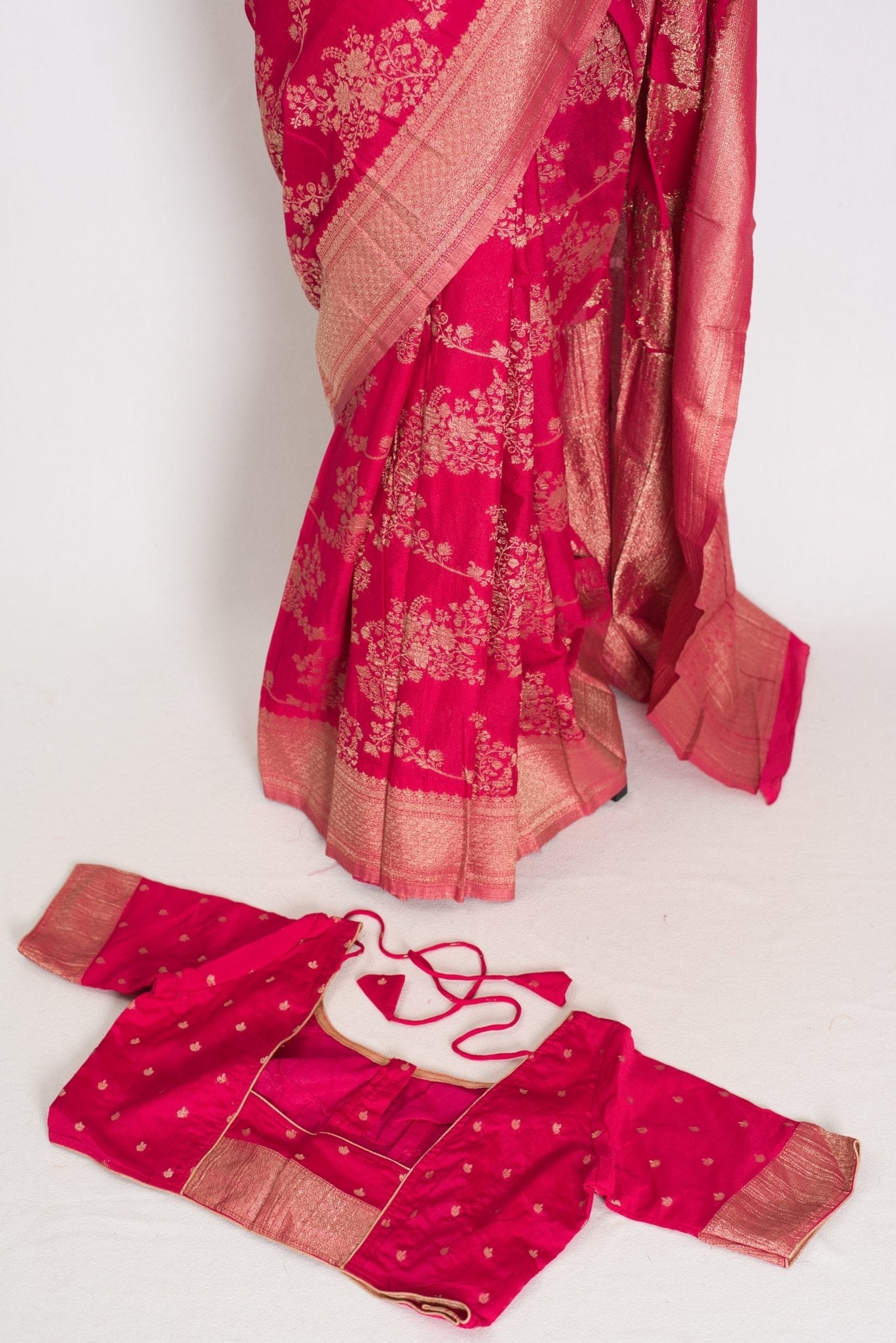 Siri: Rani Pink Semi Georgette Banarasi Saree with 42 Size Blouse
