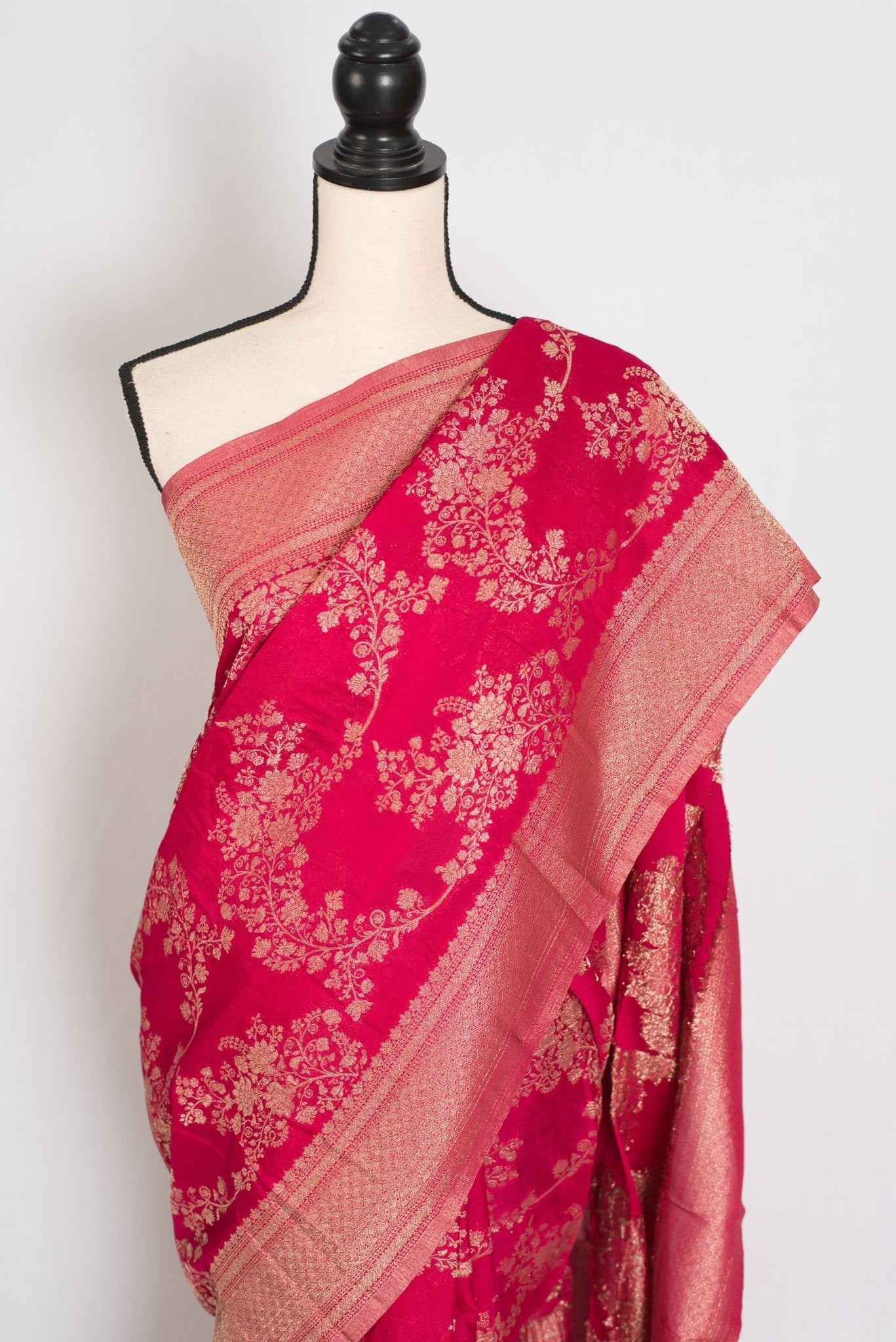 Siri: Rani Pink Semi Georgette Banarasi Saree with 42 Size Blouse