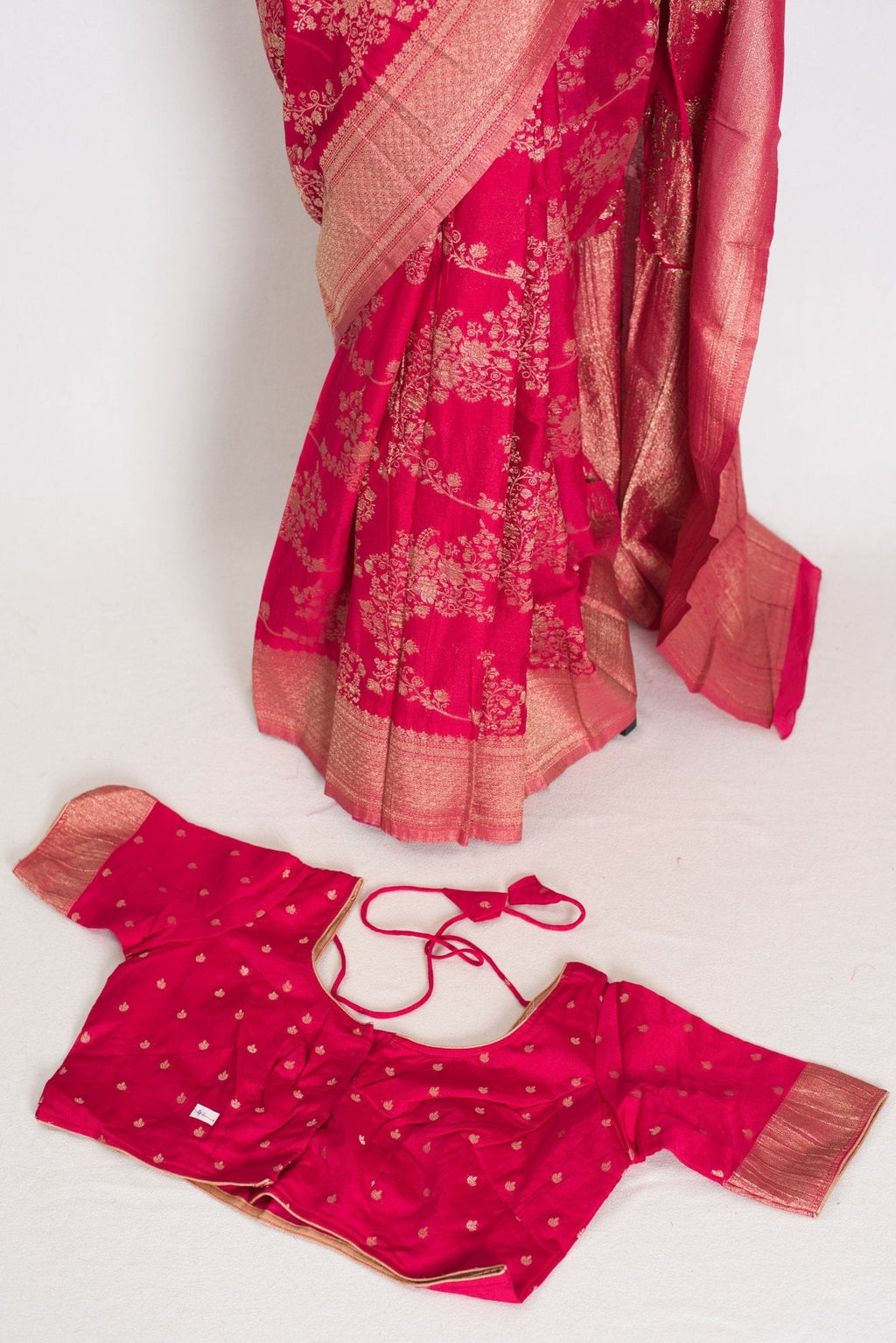 Siri: Rani Pink Semi Georgette Banarasi Saree with 42 Size Blouse