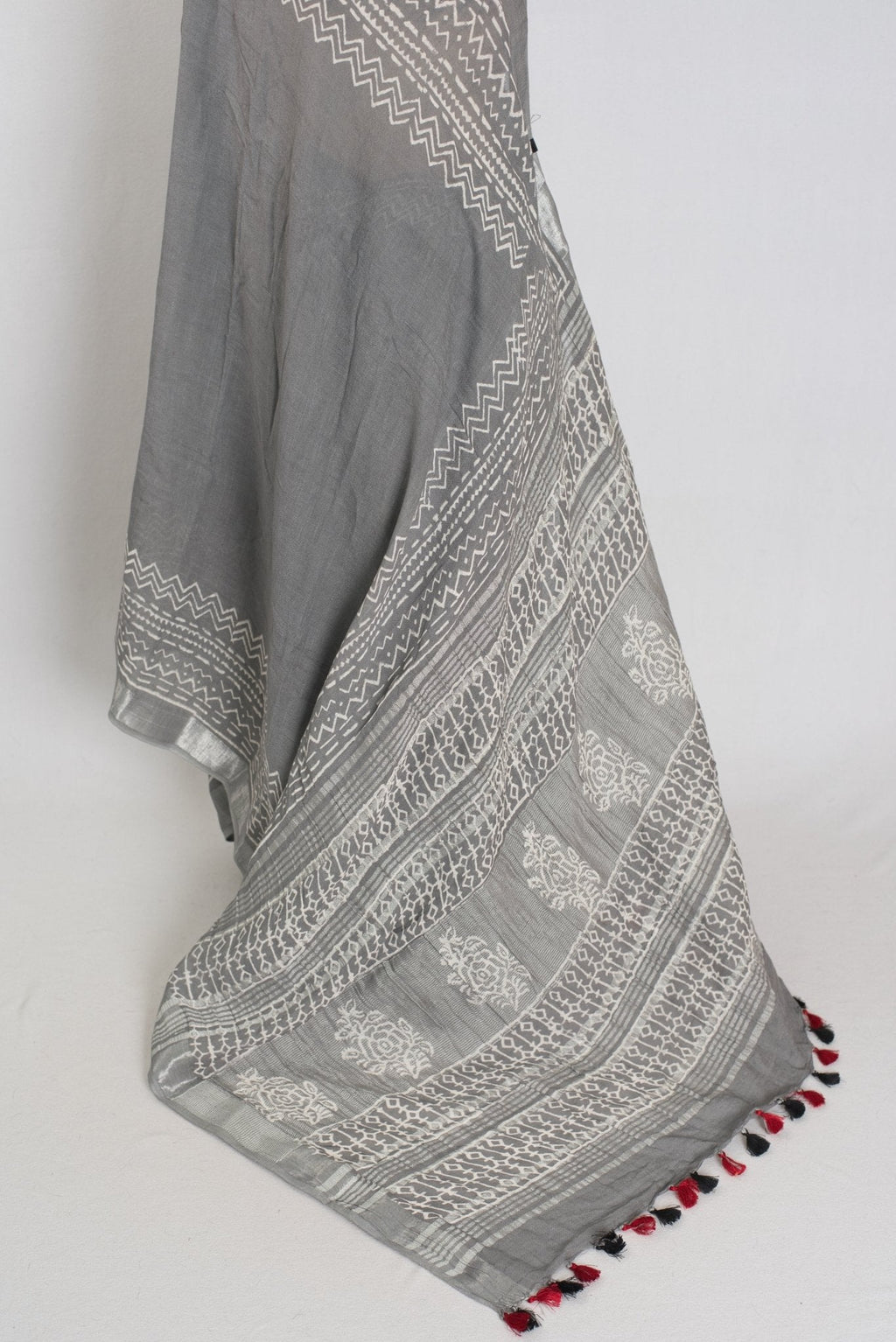 Snigdha: Grey and Silver Hand Block Printed Saree | Soft Linen Cotton