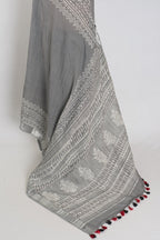 Snigdha: Grey and Silver Hand Block Printed Saree | Soft Linen Cotton