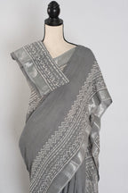 Snigdha: Grey and Silver Hand Block Printed Saree | Soft Linen Cotton
