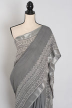 Snigdha: Grey and Silver Hand Block Printed Saree | Soft Linen Cotton