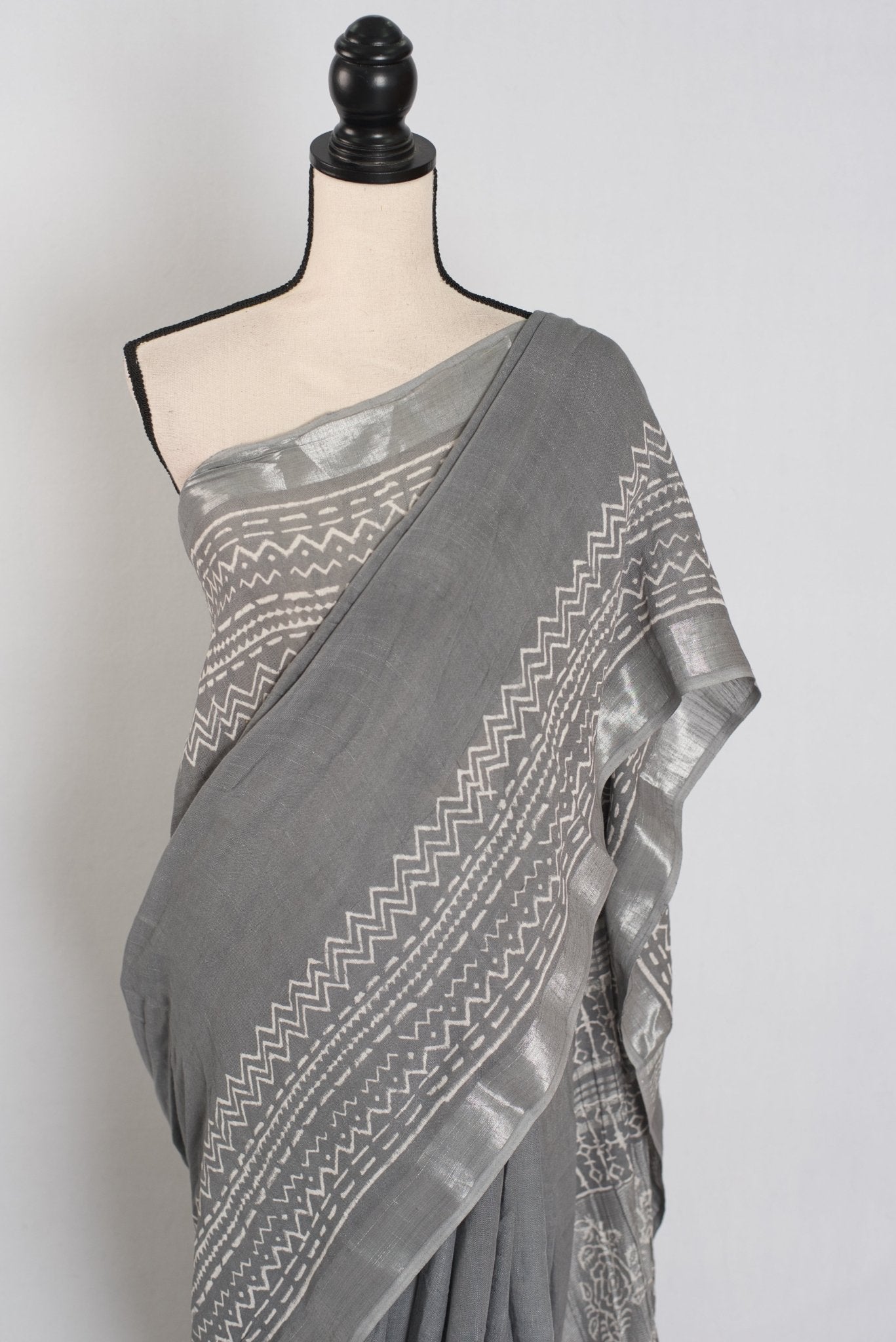 Snigdha: Grey and Silver Hand Block Printed Saree | Soft Linen Cotton