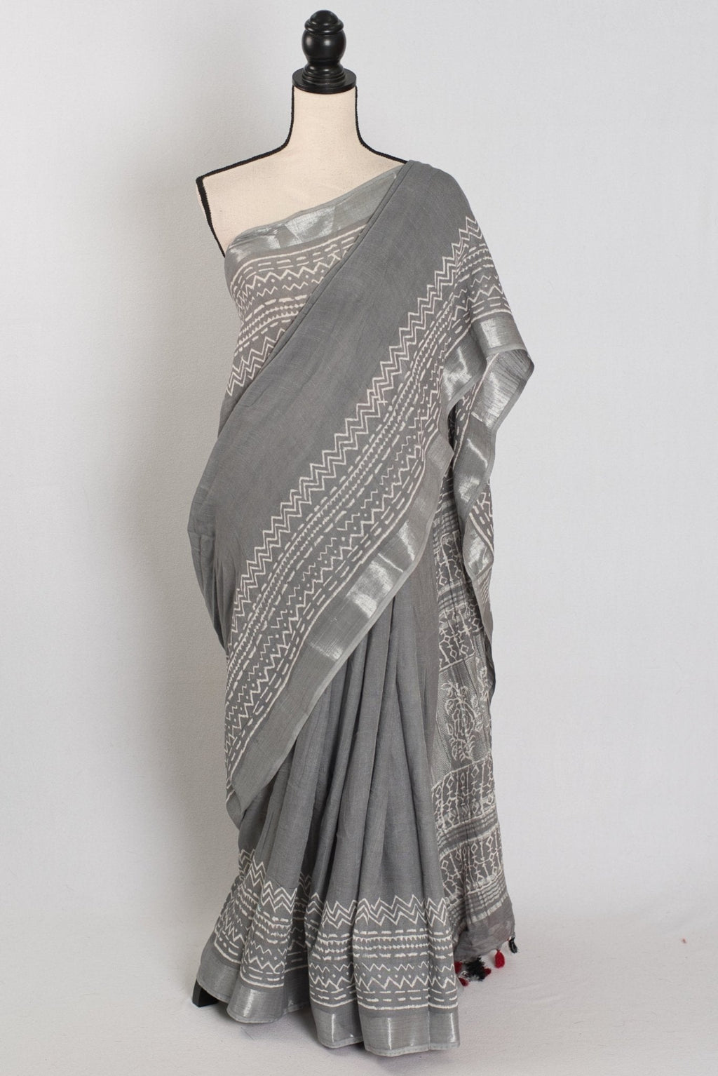 Snigdha: Grey and Silver Hand Block Printed Saree | Soft Linen Cotton