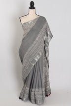 Snigdha: Grey and Silver Hand Block Printed Saree | Soft Linen Cotton