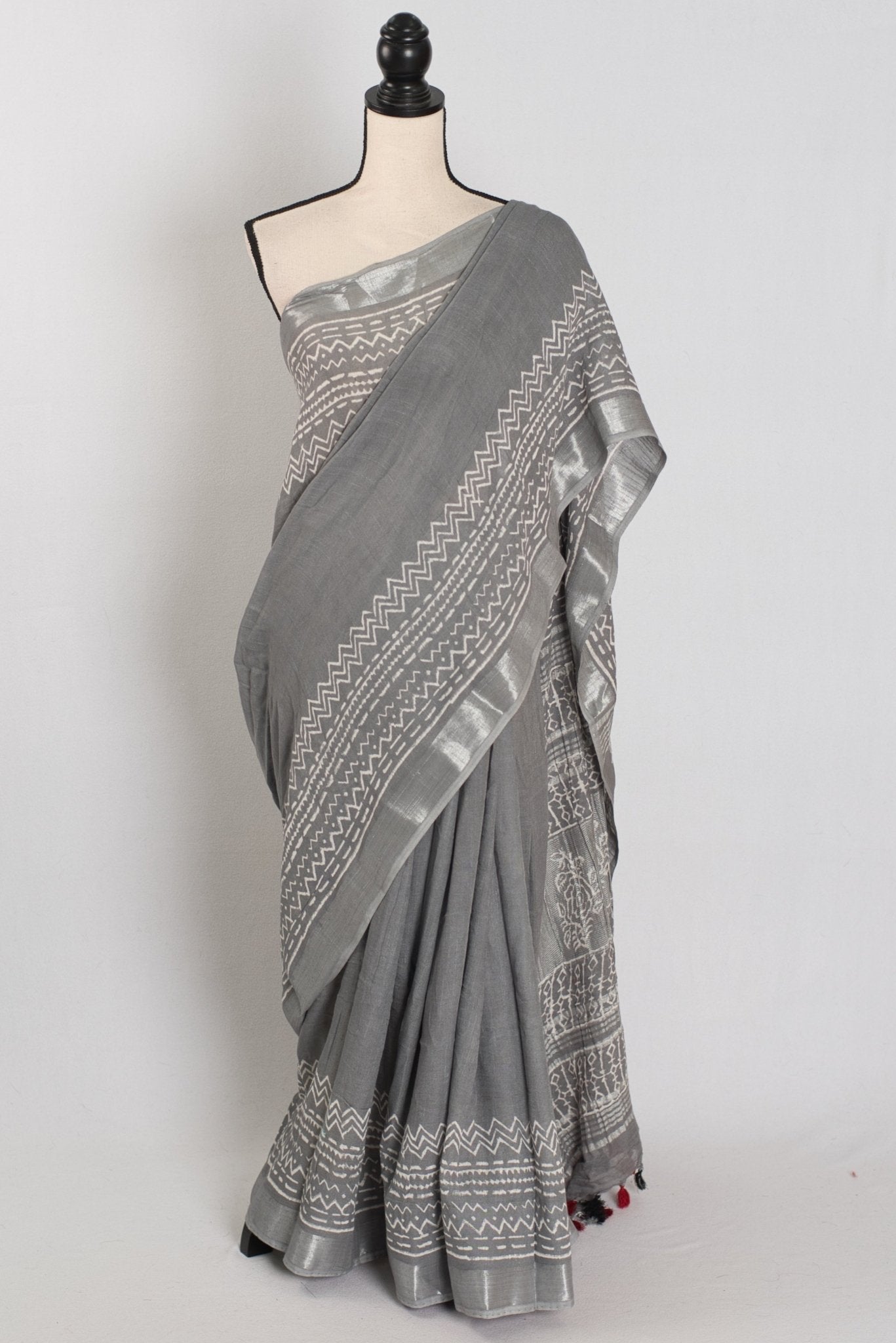 Snigdha: Grey and Silver Hand Block Printed Saree | Soft Linen Cotton