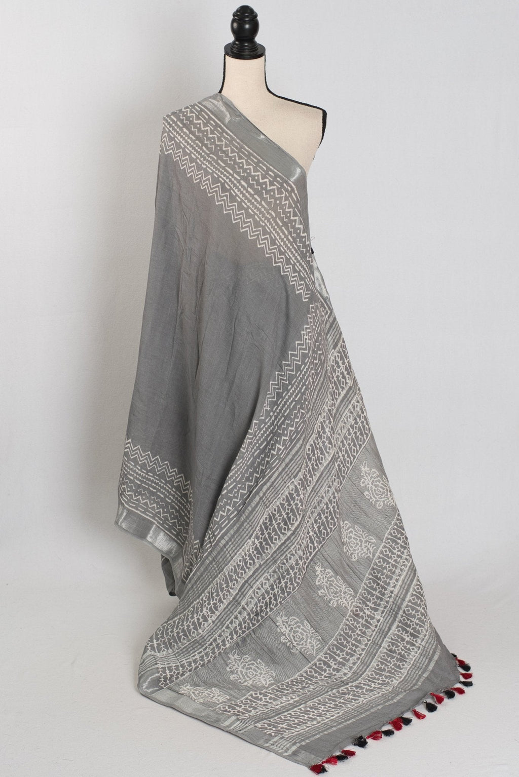 Snigdha: Grey and Silver Hand Block Printed Saree | Soft Linen Cotton