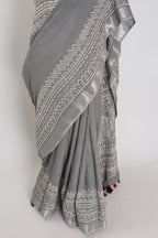 Snigdha: Grey and Silver Hand Block Printed Saree | Soft Linen Cotton