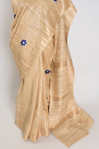 Sohini: Beige Gicha Tussar Saree | Floral Embroidery | Contemporary Handloom