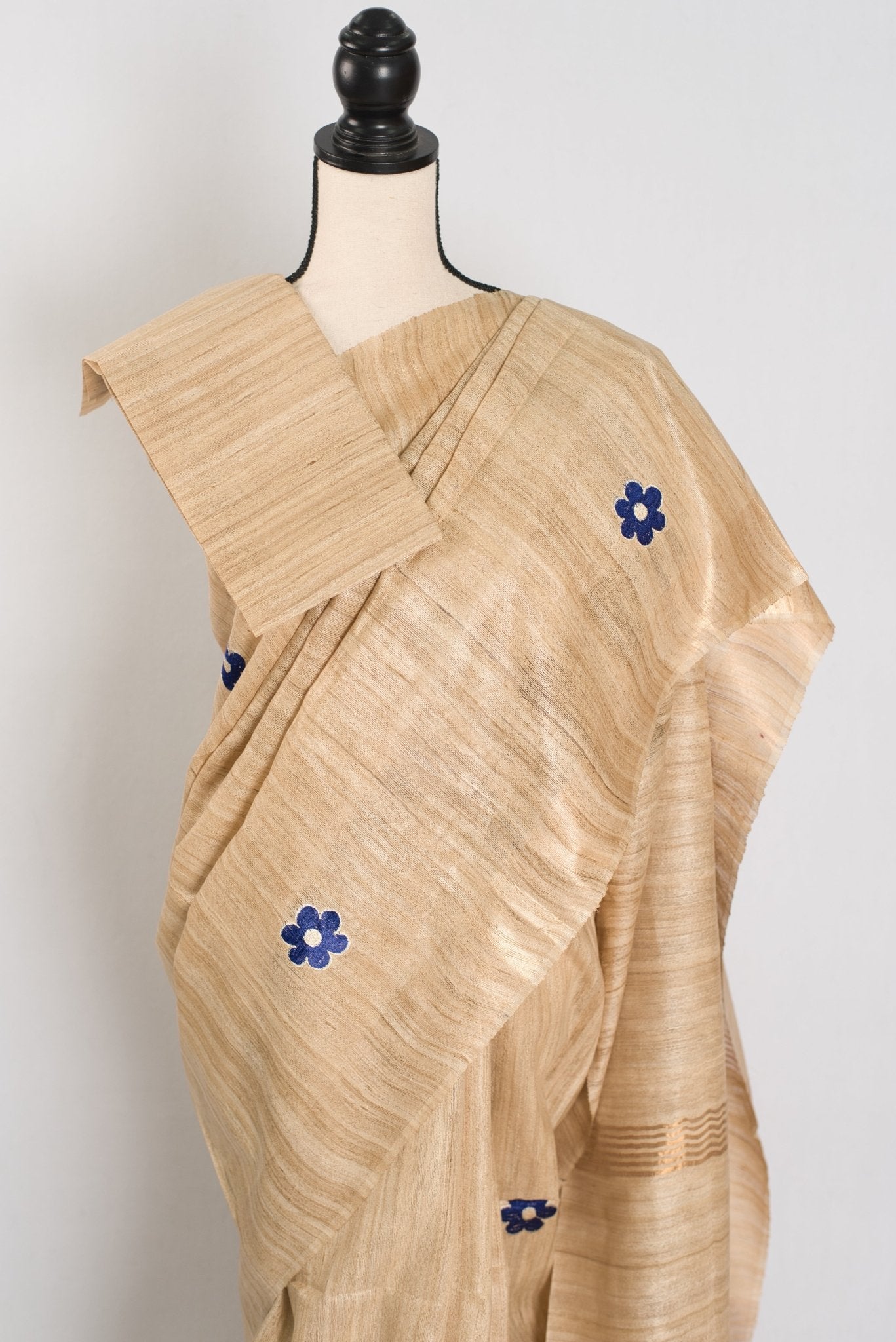 Sohini: Beige Gicha Tussar Saree | Floral Embroidery | Contemporary Handloom