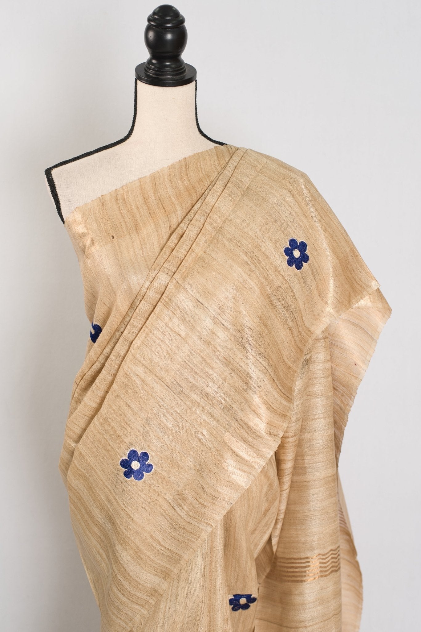 Sohini: Beige Gicha Tussar Saree | Floral Embroidery | Contemporary Handloom
