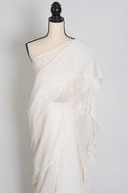 Subha : Off-White Lucknow Chikankari Hand Embroidery Georgette Saree