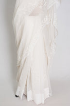 Subha : Off-White Lucknow Chikankari Hand Embroidery Georgette Saree