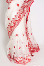 Subha : White and Red Semi Organza Embroidery Designer Saree