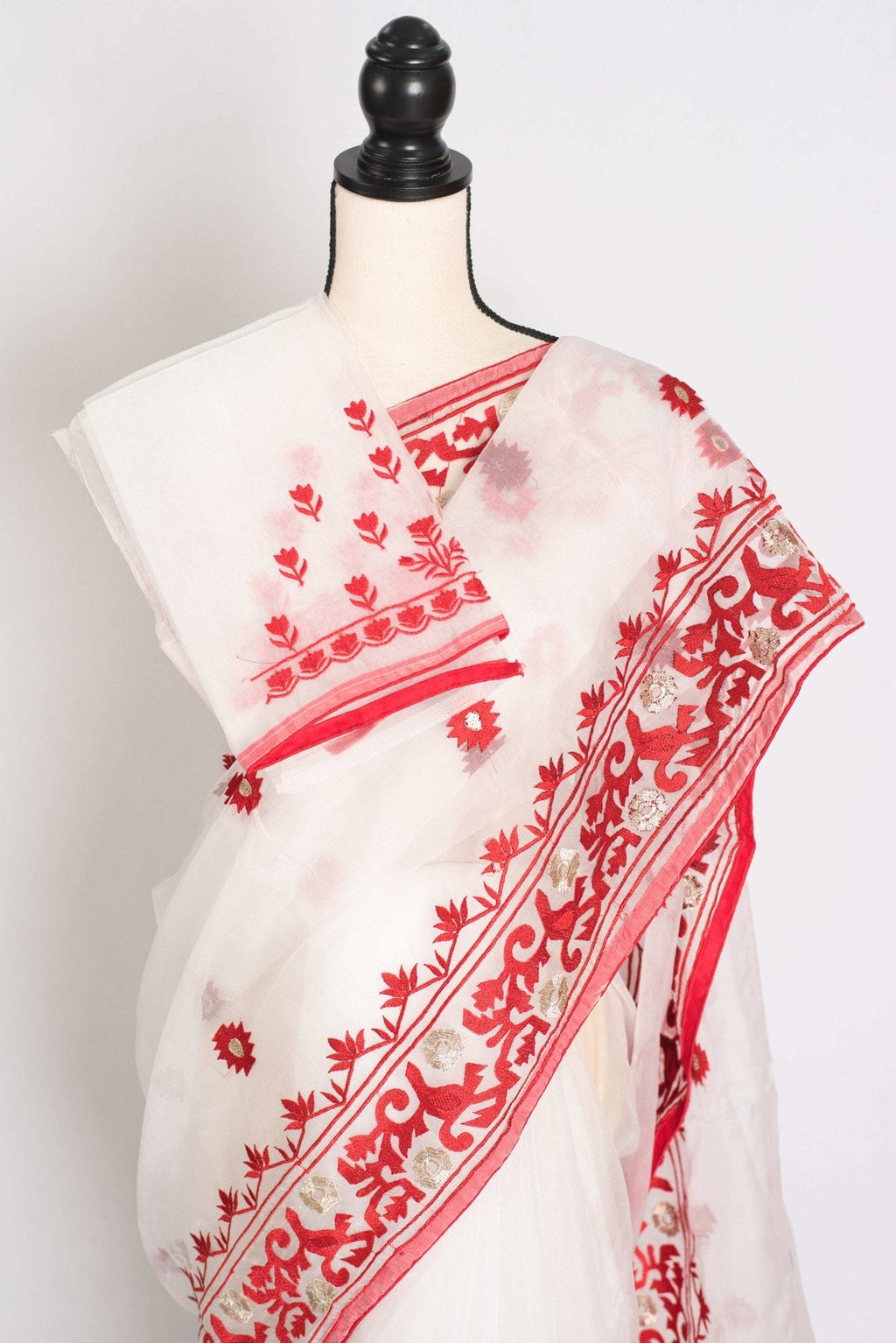 Subha : White and Red Semi Organza Embroidery Designer Saree