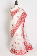Subha : White and Red Semi Organza Embroidery Designer Saree