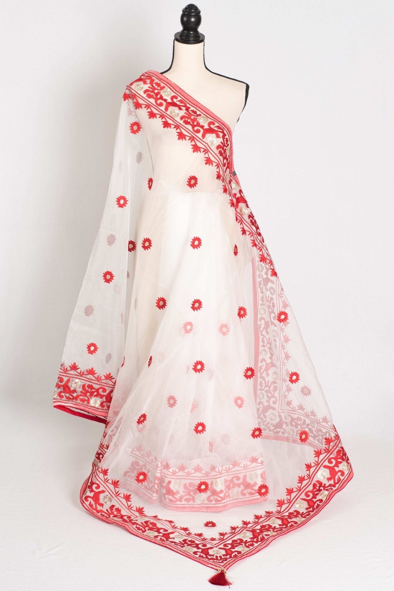 Subha : White and Red Semi Organza Embroidery Designer Saree
